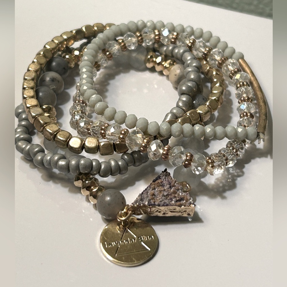Lavender Blue Brand Gold and Stone Beaded Bracelet Stack